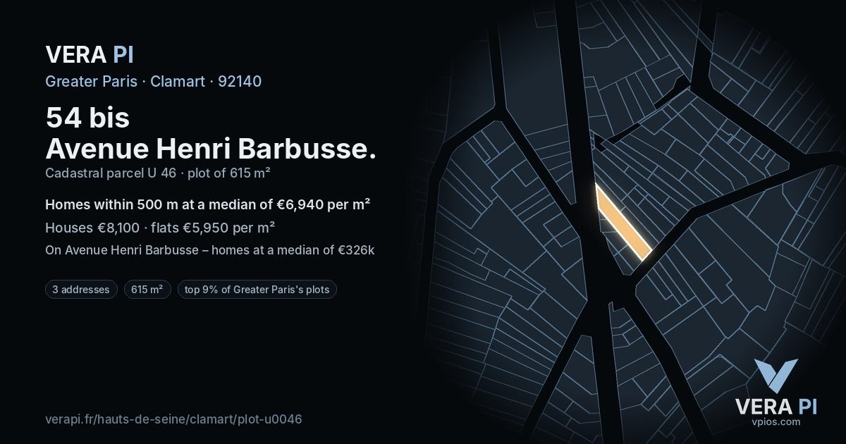 54 bis Avenue Henri Barbusse, Clamart at night – the plot lit, the parcels around coloured by the prices near them