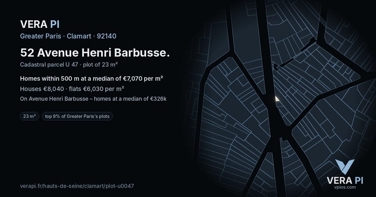 52 Avenue Henri Barbusse, Clamart at night – the plot lit, the parcels around coloured by the prices near them