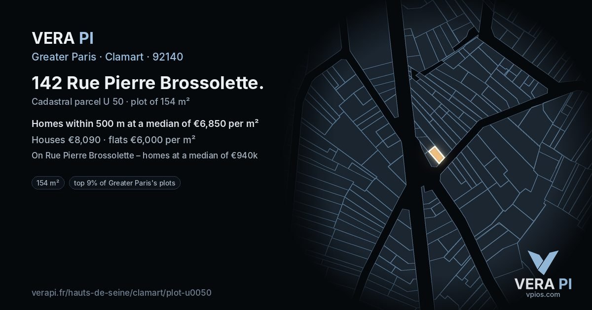 142 Rue Pierre Brossolette, Clamart at night – the plot lit, the parcels around coloured by the prices near them