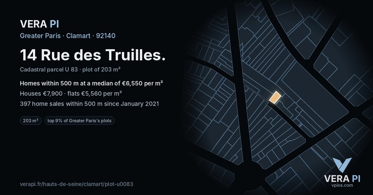 14 Rue des Truilles, Clamart at night – the plot lit, the parcels around coloured by the prices near them
