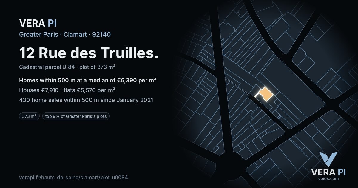 12 Rue des Truilles, Clamart at night – the plot lit, the parcels around coloured by the prices near them