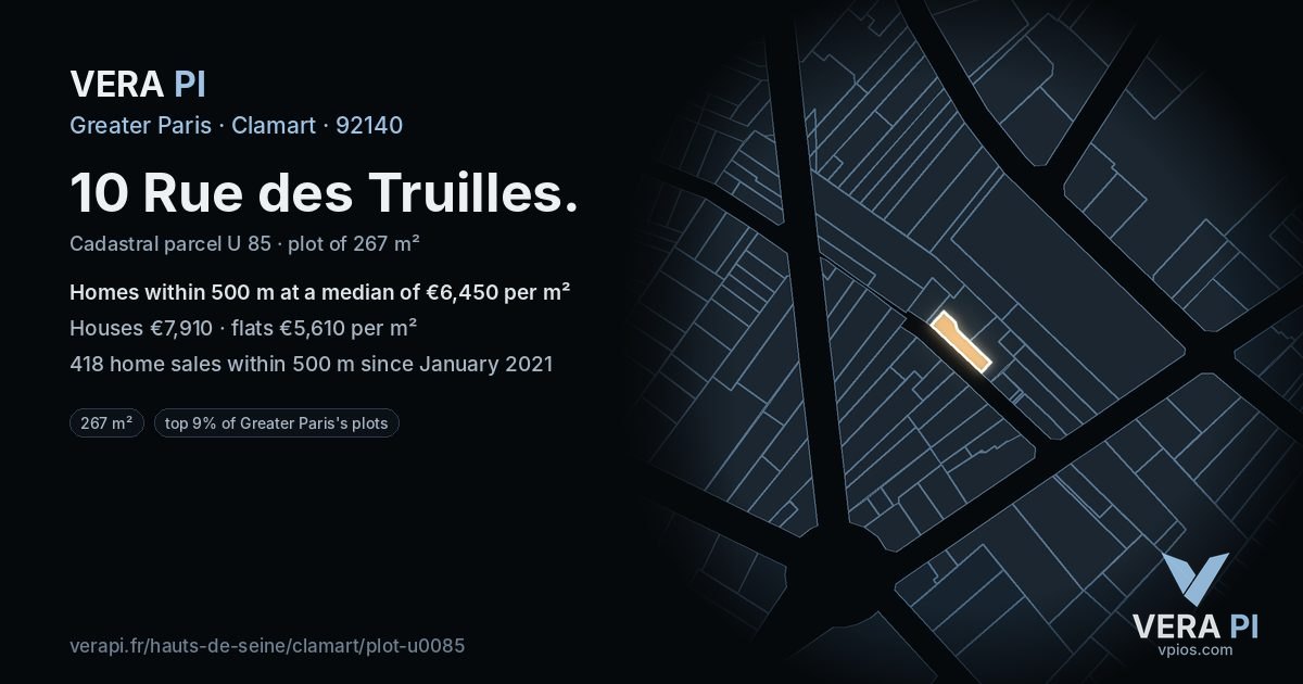 10 Rue des Truilles, Clamart at night – the plot lit, the parcels around coloured by the prices near them
