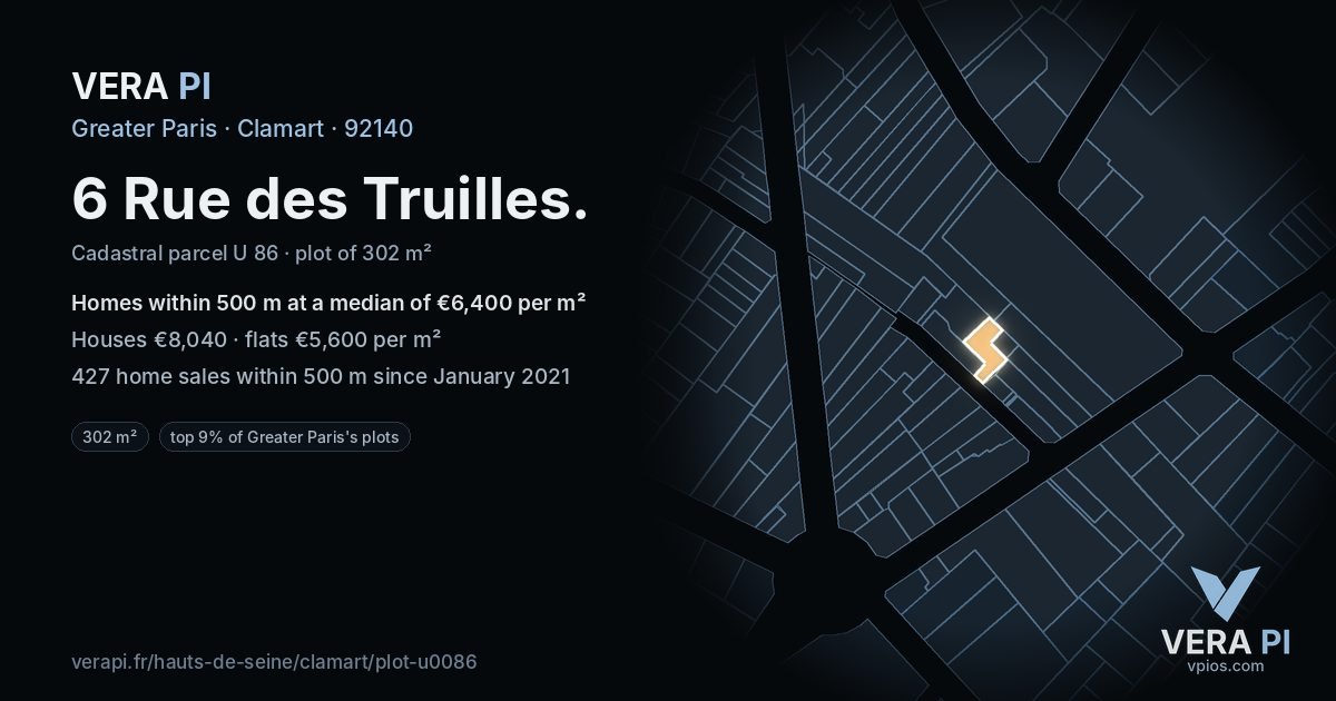 6 Rue des Truilles, Clamart at night – the plot lit, the parcels around coloured by the prices near them
