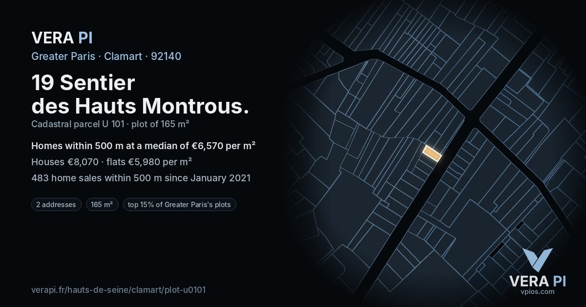19 Sentier des Hauts Montrous, Clamart at night – the plot lit, the parcels around coloured by the prices near them