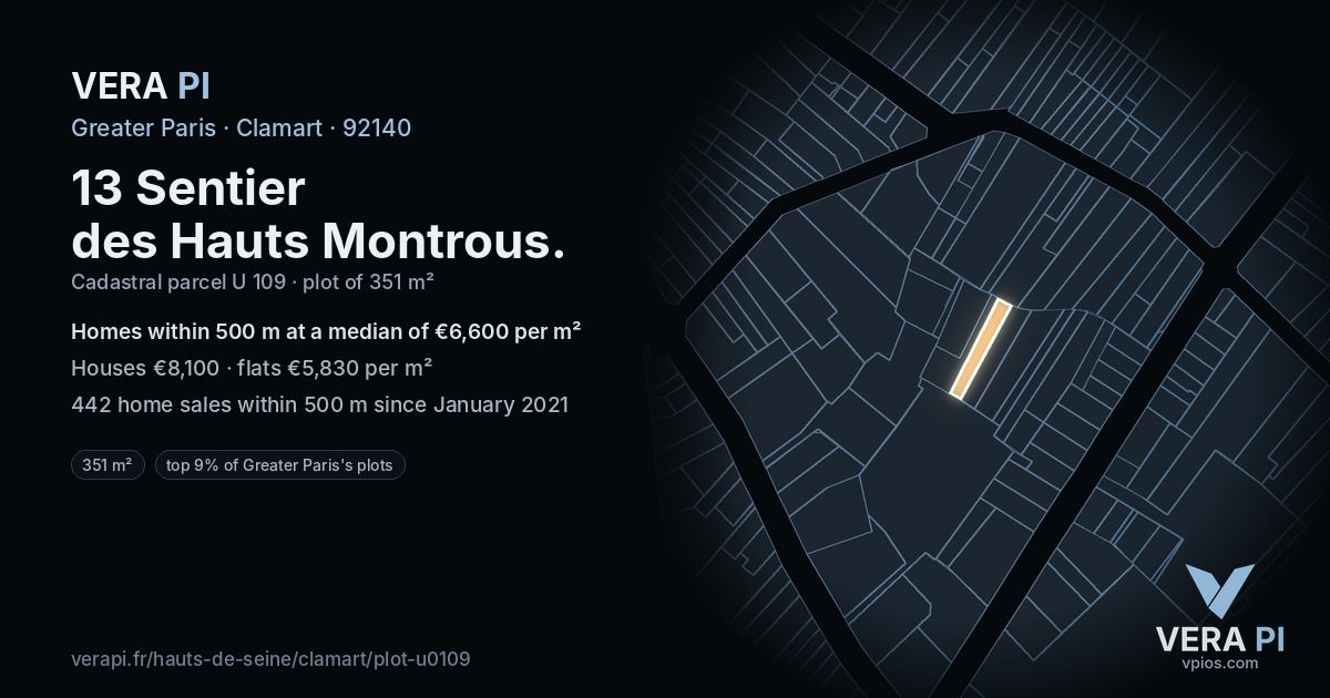13 Sentier des Hauts Montrous, Clamart at night – the plot lit, the parcels around coloured by the prices near them