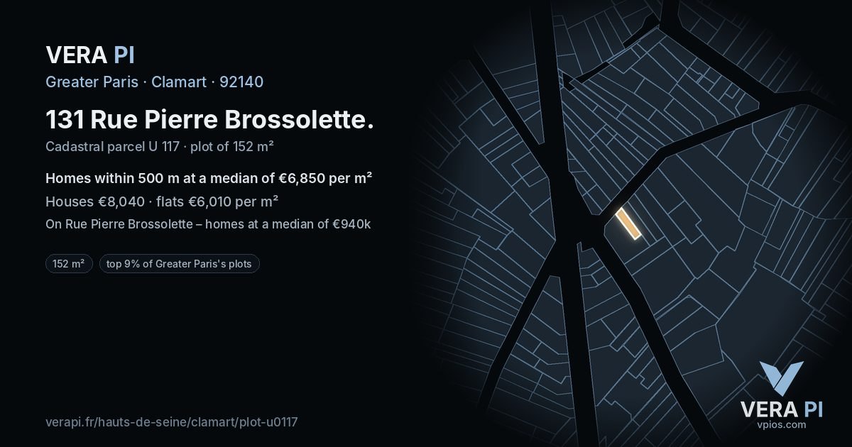 131 Rue Pierre Brossolette, Clamart at night – the plot lit, the parcels around coloured by the prices near them
