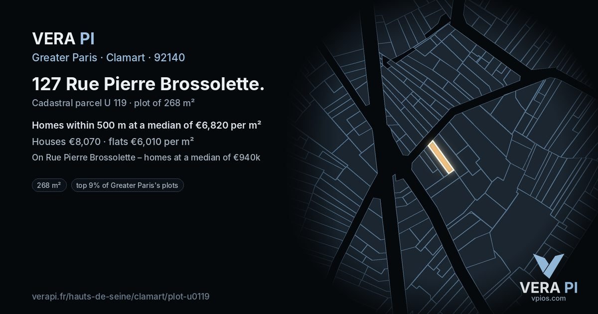 127 Rue Pierre Brossolette, Clamart at night – the plot lit, the parcels around coloured by the prices near them