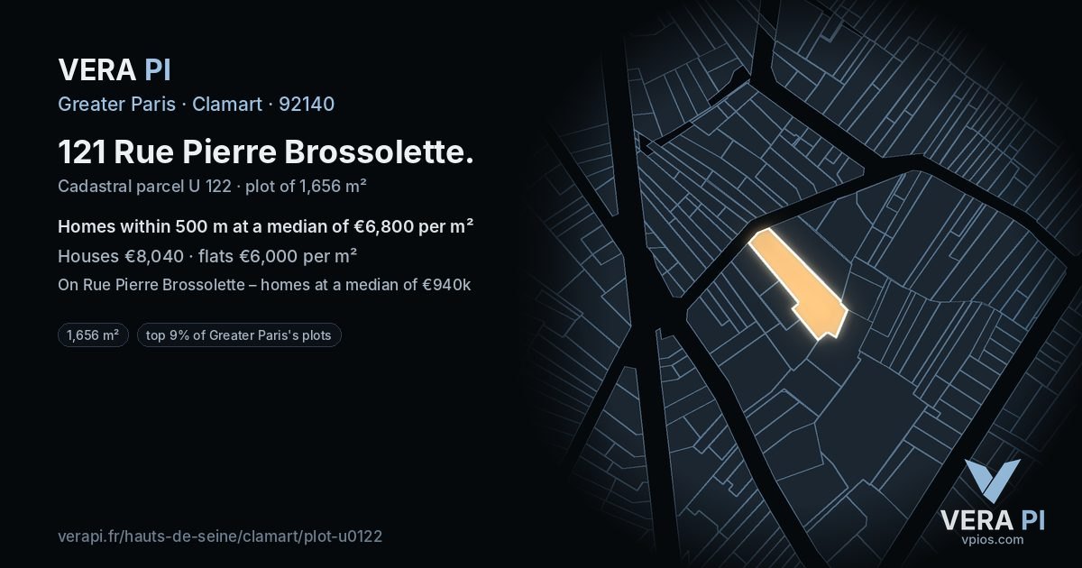 121 Rue Pierre Brossolette, Clamart at night – the plot lit, the parcels around coloured by the prices near them