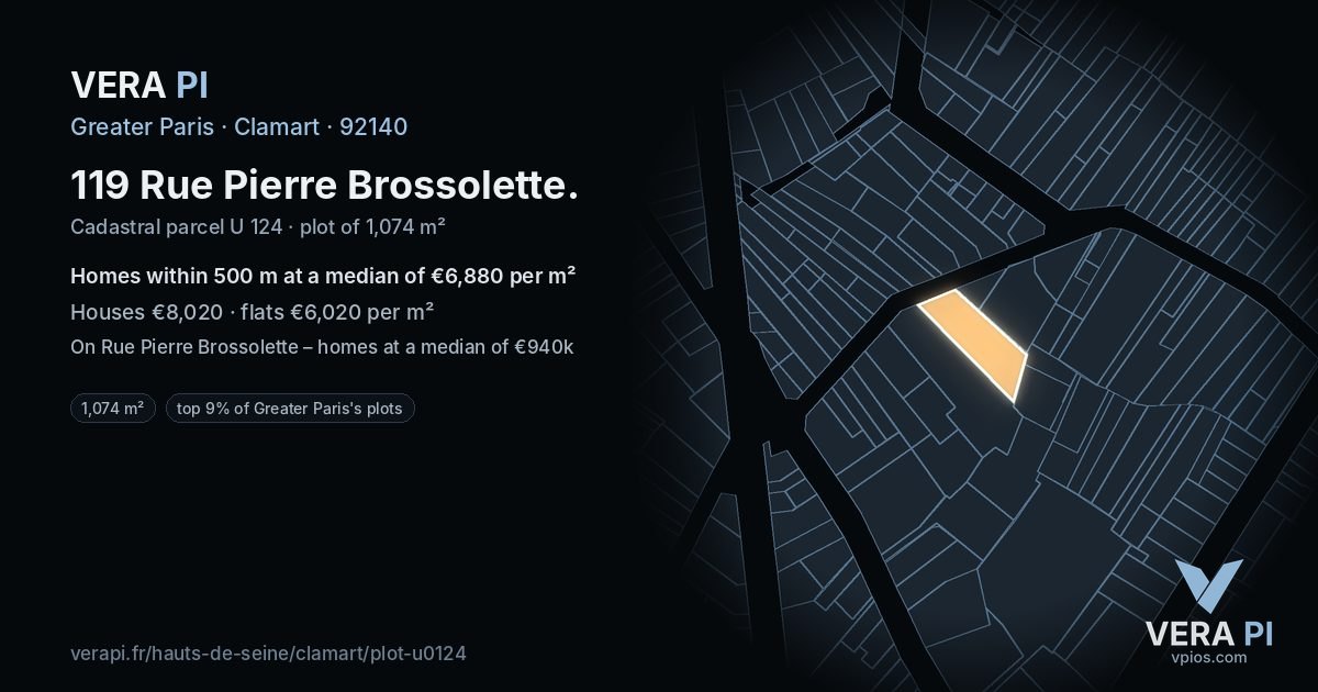 119 Rue Pierre Brossolette, Clamart at night – the plot lit, the parcels around coloured by the prices near them