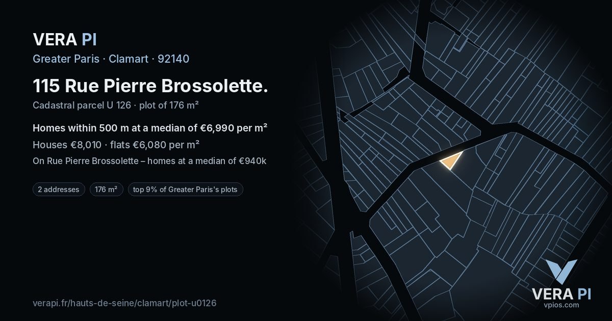 115 Rue Pierre Brossolette, Clamart at night – the plot lit, the parcels around coloured by the prices near them