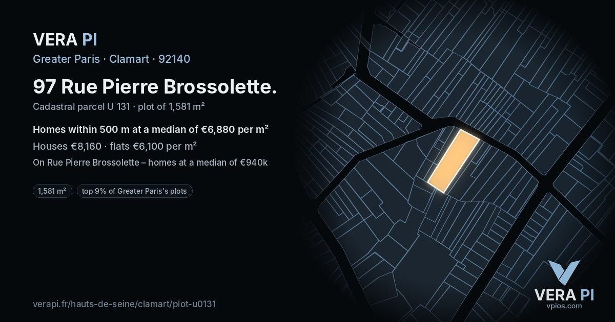 97 Rue Pierre Brossolette, Clamart at night – the plot lit, the parcels around coloured by the prices near them