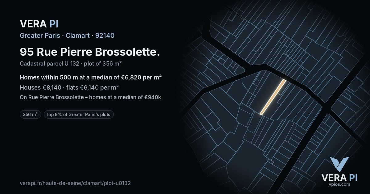 95 Rue Pierre Brossolette, Clamart at night – the plot lit, the parcels around coloured by the prices near them