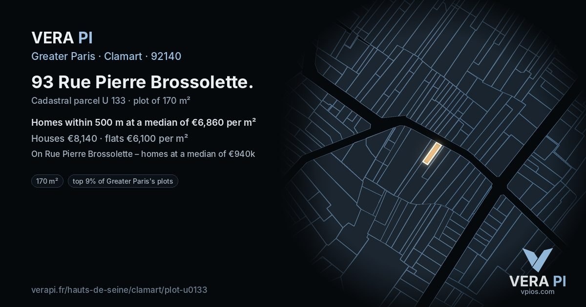 93 Rue Pierre Brossolette, Clamart at night – the plot lit, the parcels around coloured by the prices near them