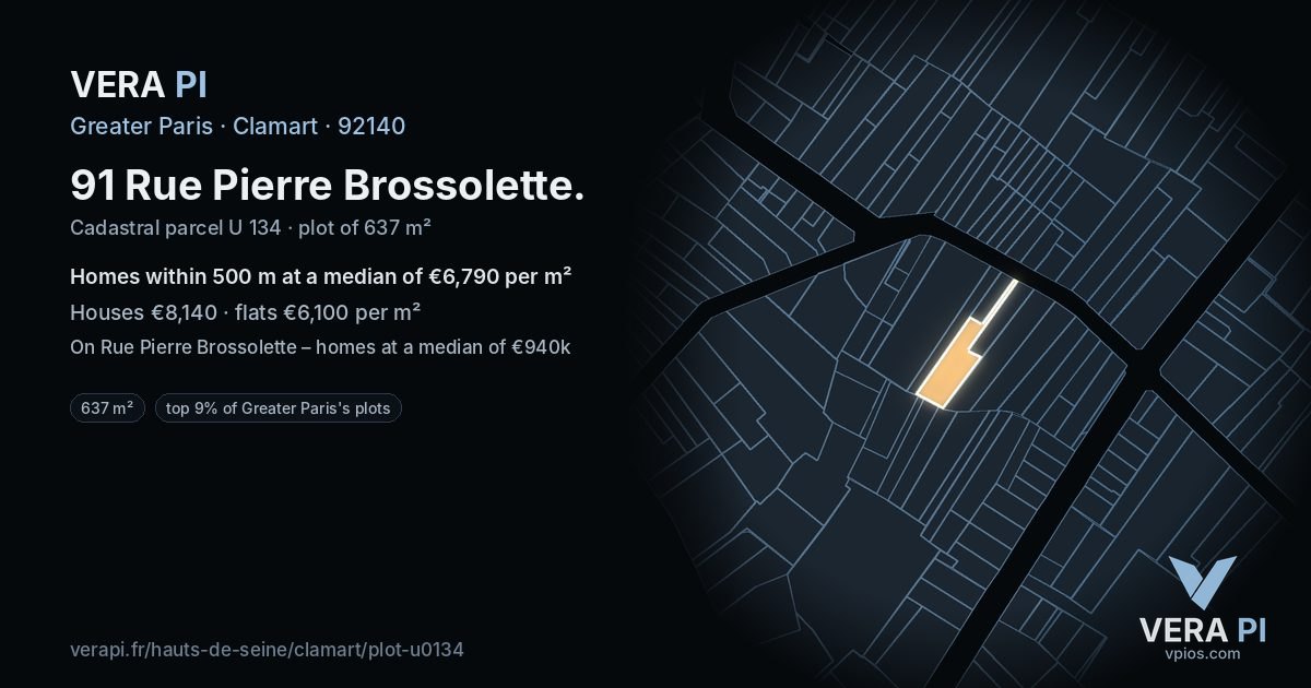 91 Rue Pierre Brossolette, Clamart at night – the plot lit, the parcels around coloured by the prices near them