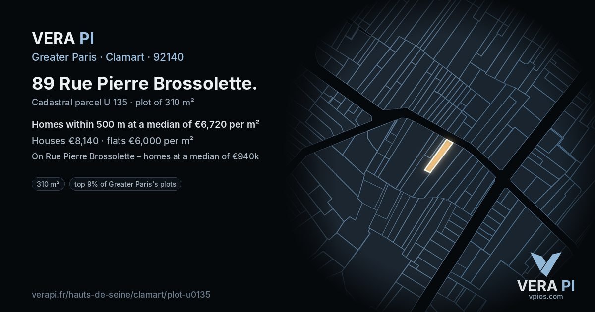 89 Rue Pierre Brossolette, Clamart at night – the plot lit, the parcels around coloured by the prices near them