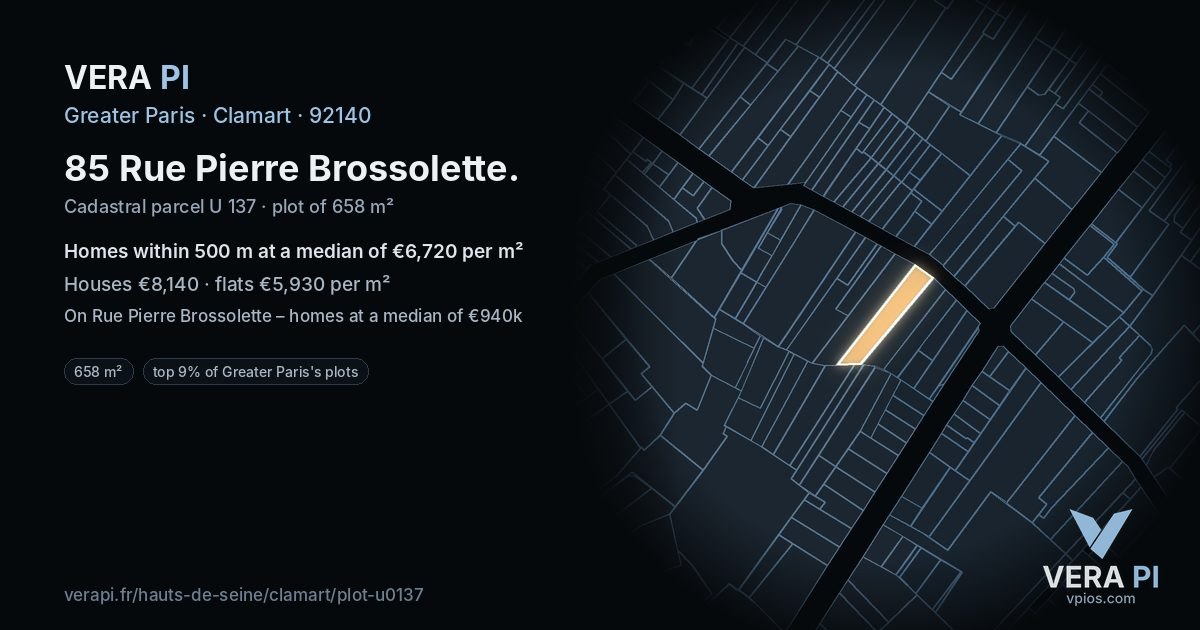 85 Rue Pierre Brossolette, Clamart at night – the plot lit, the parcels around coloured by the prices near them