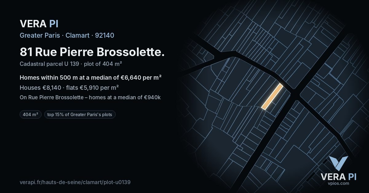 81 Rue Pierre Brossolette, Clamart at night – the plot lit, the parcels around coloured by the prices near them