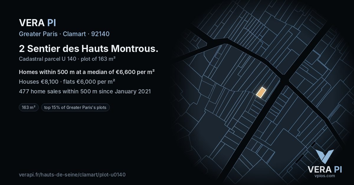 2 Sentier des Hauts Montrous, Clamart at night – the plot lit, the parcels around coloured by the prices near them