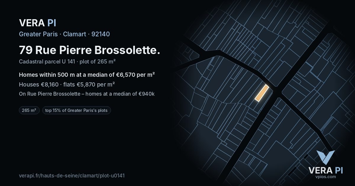 79 Rue Pierre Brossolette, Clamart at night – the plot lit, the parcels around coloured by the prices near them