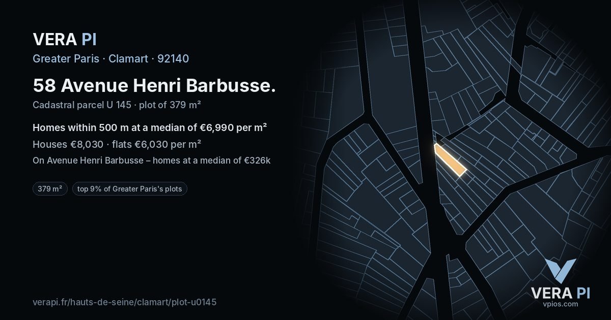 58 Avenue Henri Barbusse, Clamart at night – the plot lit, the parcels around coloured by the prices near them