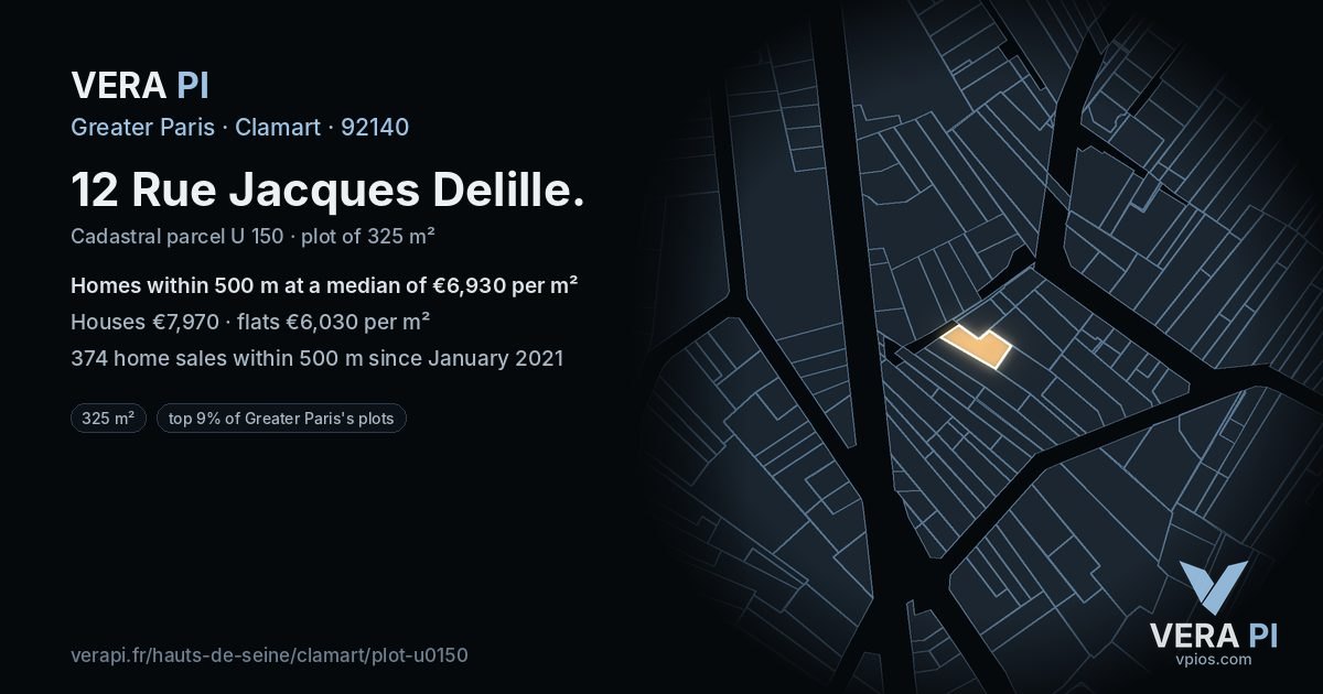 12 Rue Jacques Delille, Clamart at night – the plot lit, the parcels around coloured by the prices near them
