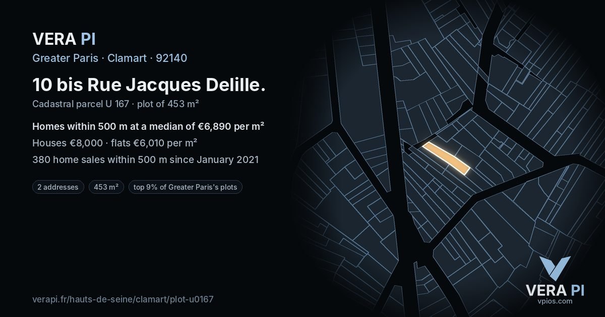 10 bis Rue Jacques Delille, Clamart at night – the plot lit, the parcels around coloured by the prices near them