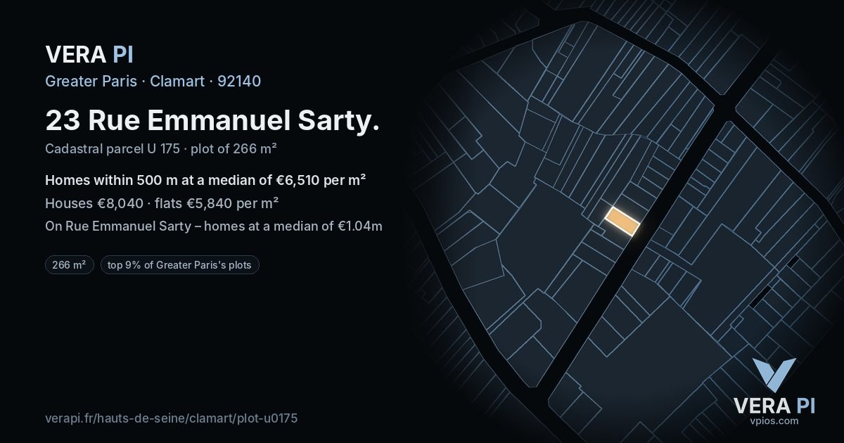 23 Rue Emmanuel Sarty, Clamart at night – the plot lit, the parcels around coloured by the prices near them
