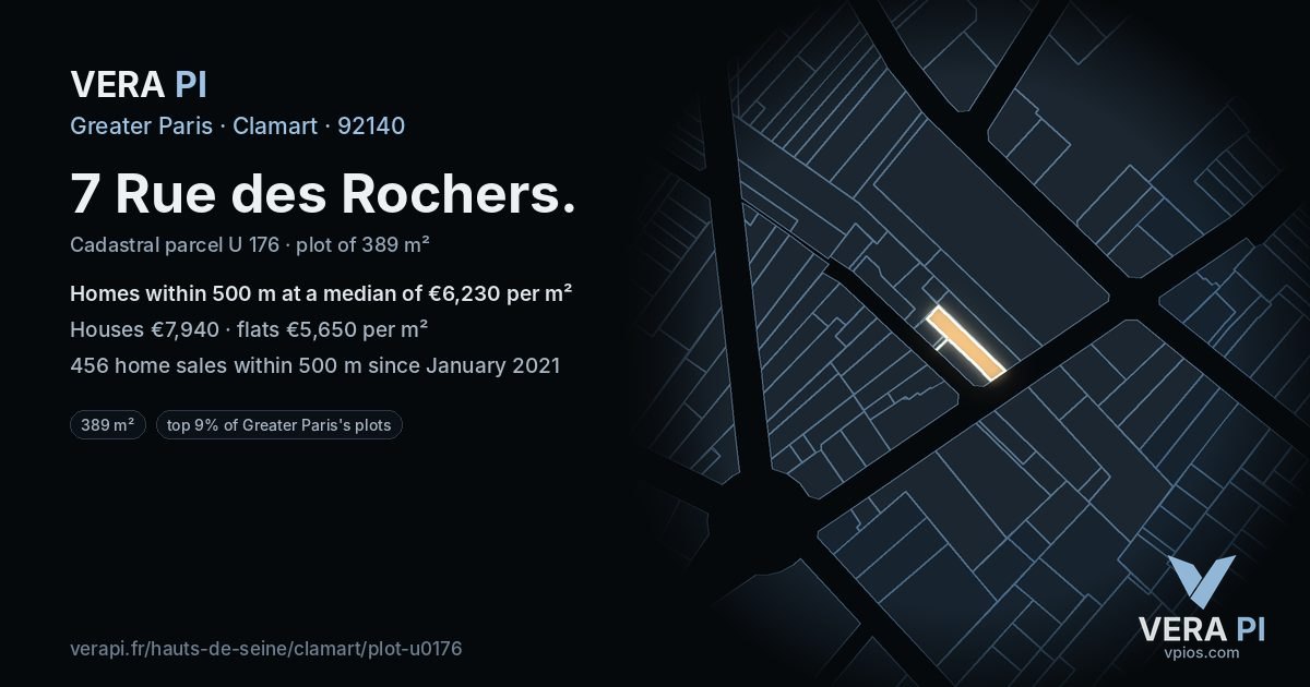 7 Rue des Rochers, Clamart at night – the plot lit, the parcels around coloured by the prices near them