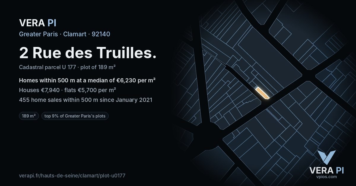 2 Rue des Truilles, Clamart at night – the plot lit, the parcels around coloured by the prices near them