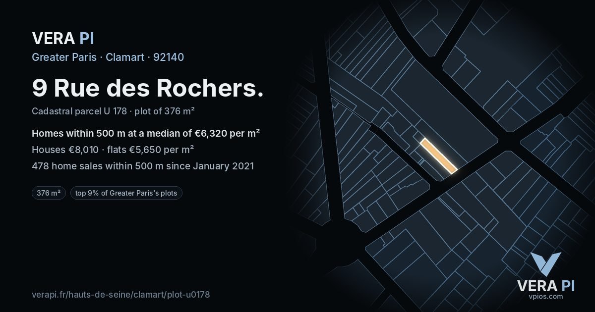 9 Rue des Rochers, Clamart at night – the plot lit, the parcels around coloured by the prices near them