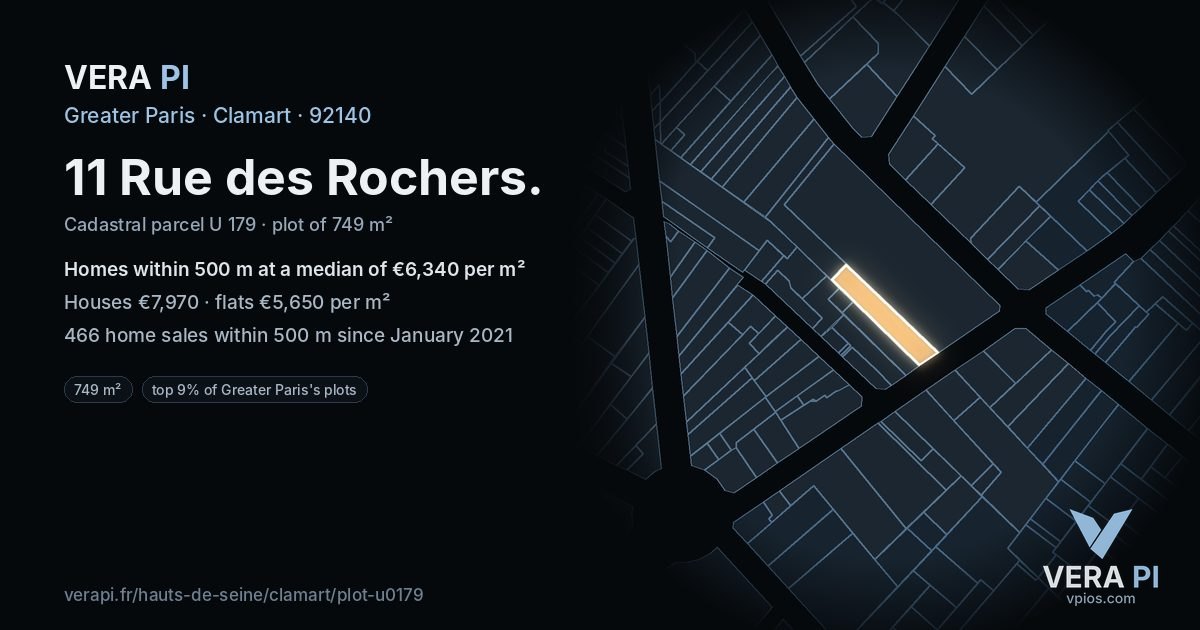 11 Rue des Rochers, Clamart at night – the plot lit, the parcels around coloured by the prices near them