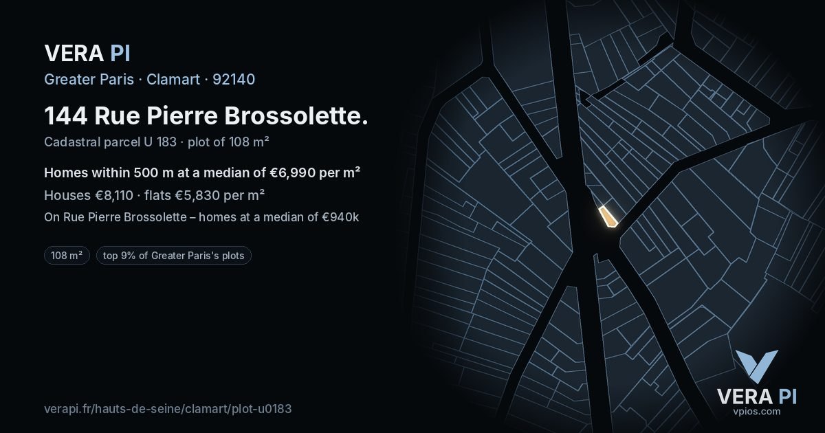 144 Rue Pierre Brossolette, Clamart at night – the plot lit, the parcels around coloured by the prices near them