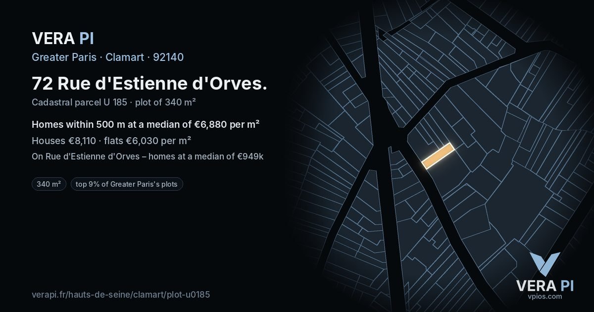 72 Rue d'Estienne d'Orves, Clamart at night – the plot lit, the parcels around coloured by the prices near them