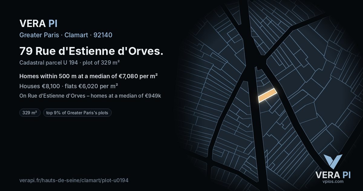 79 Rue d'Estienne d'Orves, Clamart at night – the plot lit, the parcels around coloured by the prices near them