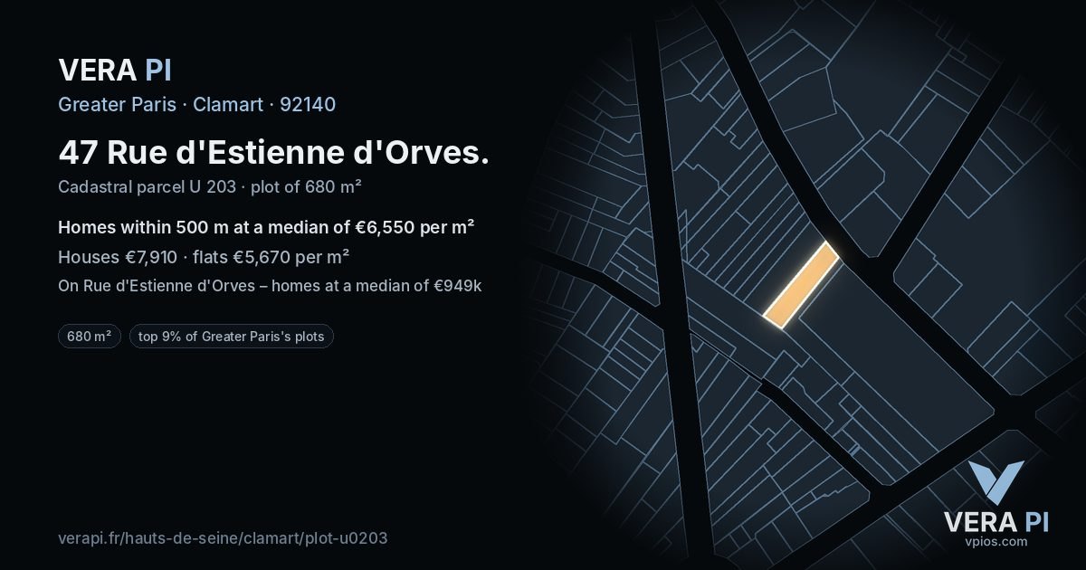 47 Rue d'Estienne d'Orves, Clamart at night – the plot lit, the parcels around coloured by the prices near them