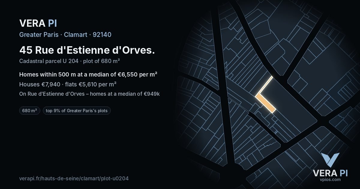 45 Rue d'Estienne d'Orves, Clamart at night – the plot lit, the parcels around coloured by the prices near them