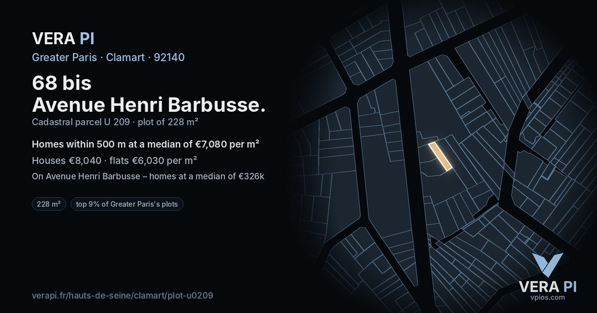 68 bis Avenue Henri Barbusse, Clamart at night – the plot lit, the parcels around coloured by the prices near them