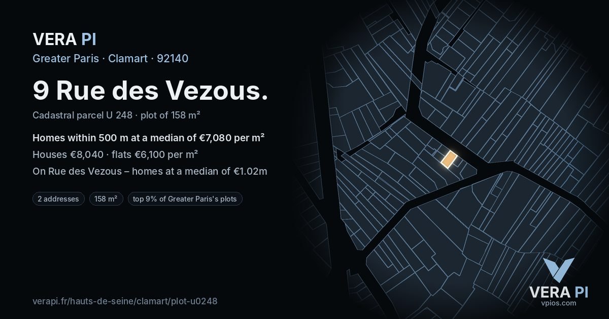 9 Rue des Vezous, Clamart at night – the plot lit, the parcels around coloured by the prices near them