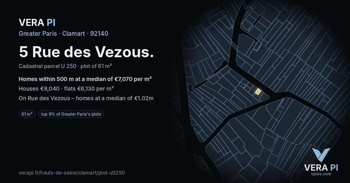 5 Rue des Vezous, Clamart at night – the plot lit, the parcels around coloured by the prices near them