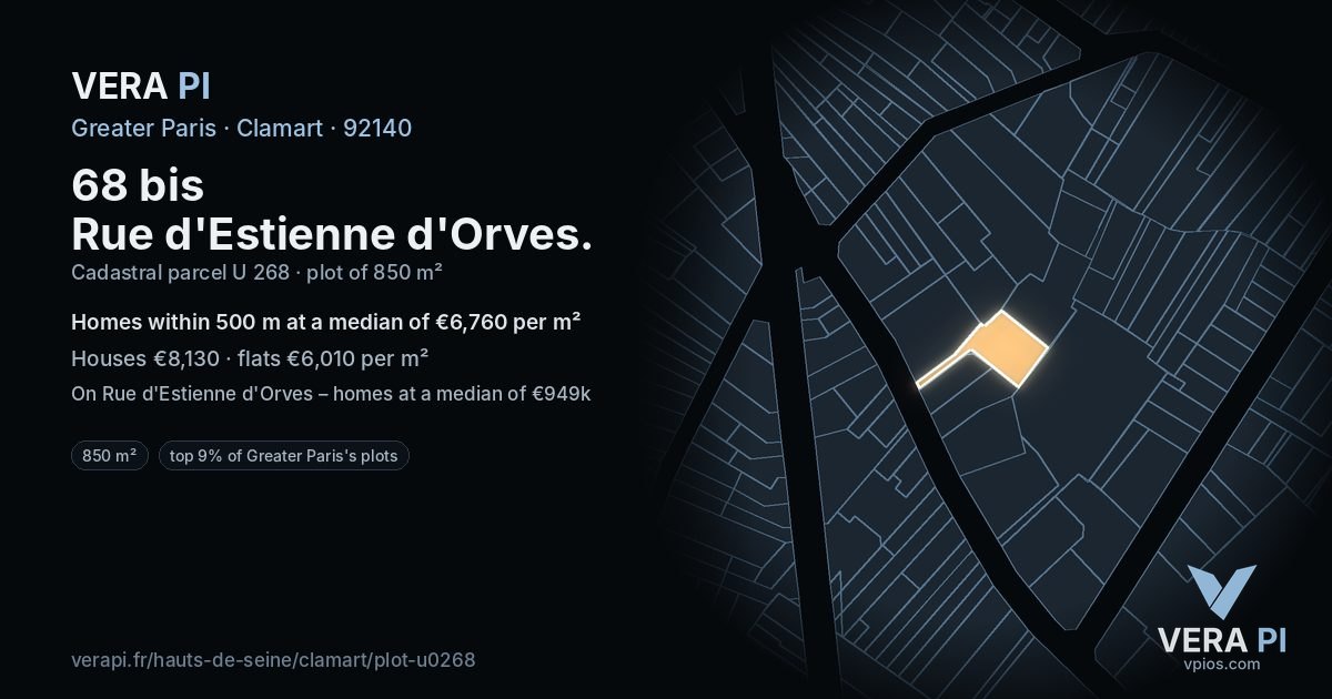 68 bis Rue d'Estienne d'Orves, Clamart at night – the plot lit, the parcels around coloured by the prices near them