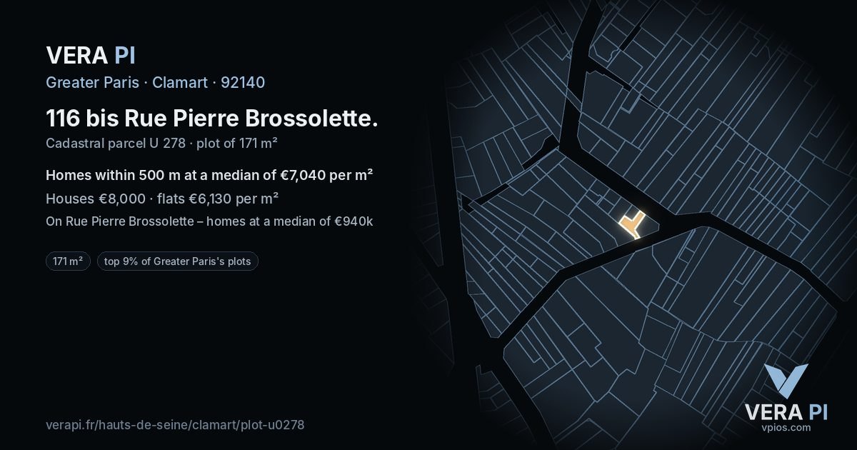 116 bis Rue Pierre Brossolette, Clamart at night – the plot lit, the parcels around coloured by the prices near them