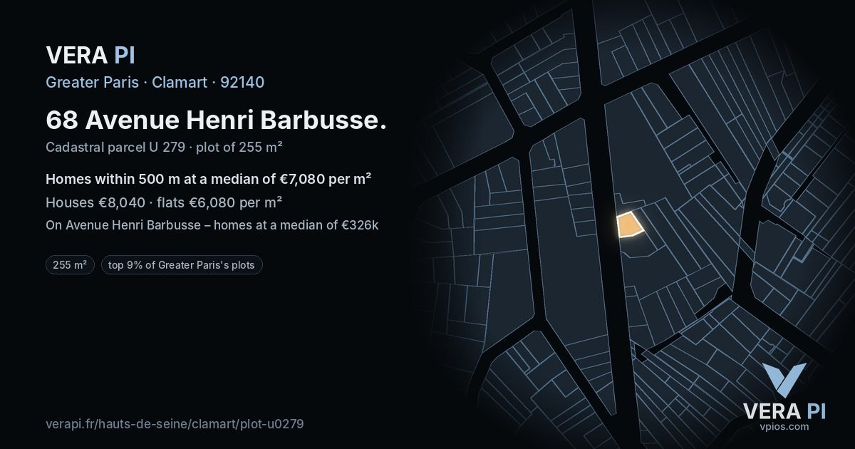 68 Avenue Henri Barbusse, Clamart at night – the plot lit, the parcels around coloured by the prices near them