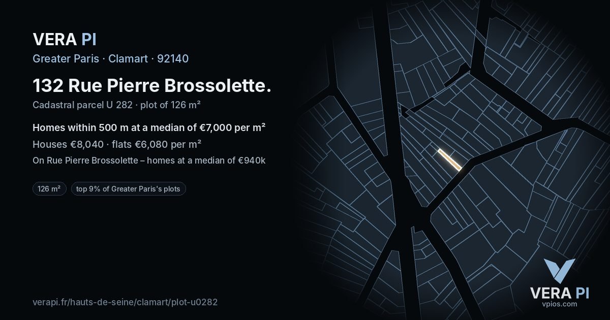 132 Rue Pierre Brossolette, Clamart at night – the plot lit, the parcels around coloured by the prices near them
