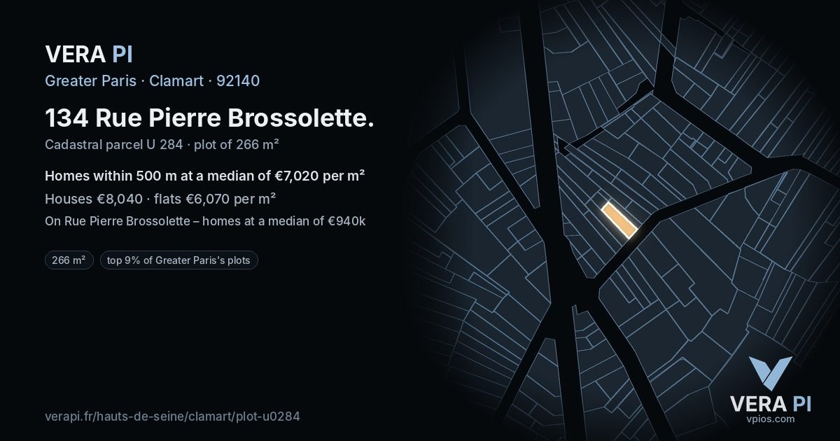 134 Rue Pierre Brossolette, Clamart at night – the plot lit, the parcels around coloured by the prices near them