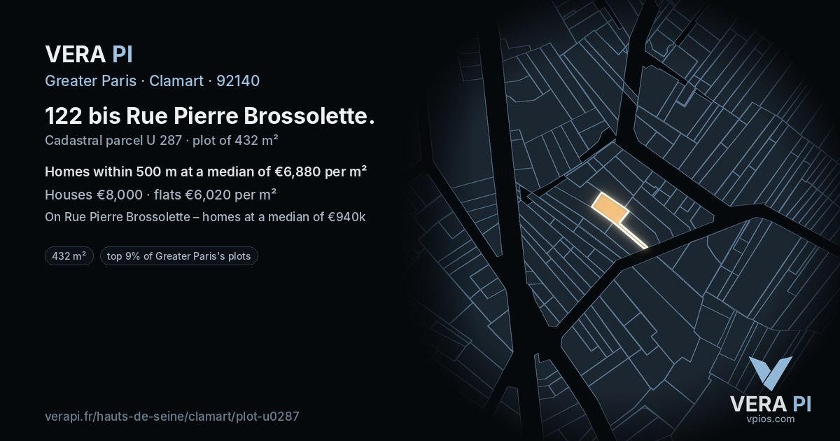 122 bis Rue Pierre Brossolette, Clamart at night – the plot lit, the parcels around coloured by the prices near them
