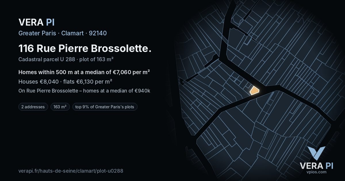 116 Rue Pierre Brossolette, Clamart at night – the plot lit, the parcels around coloured by the prices near them