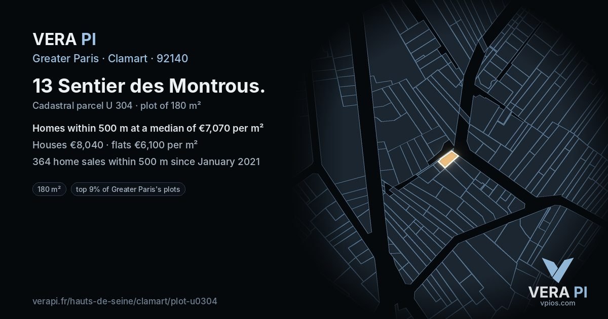 13 Sentier des Montrous, Clamart at night – the plot lit, the parcels around coloured by the prices near them