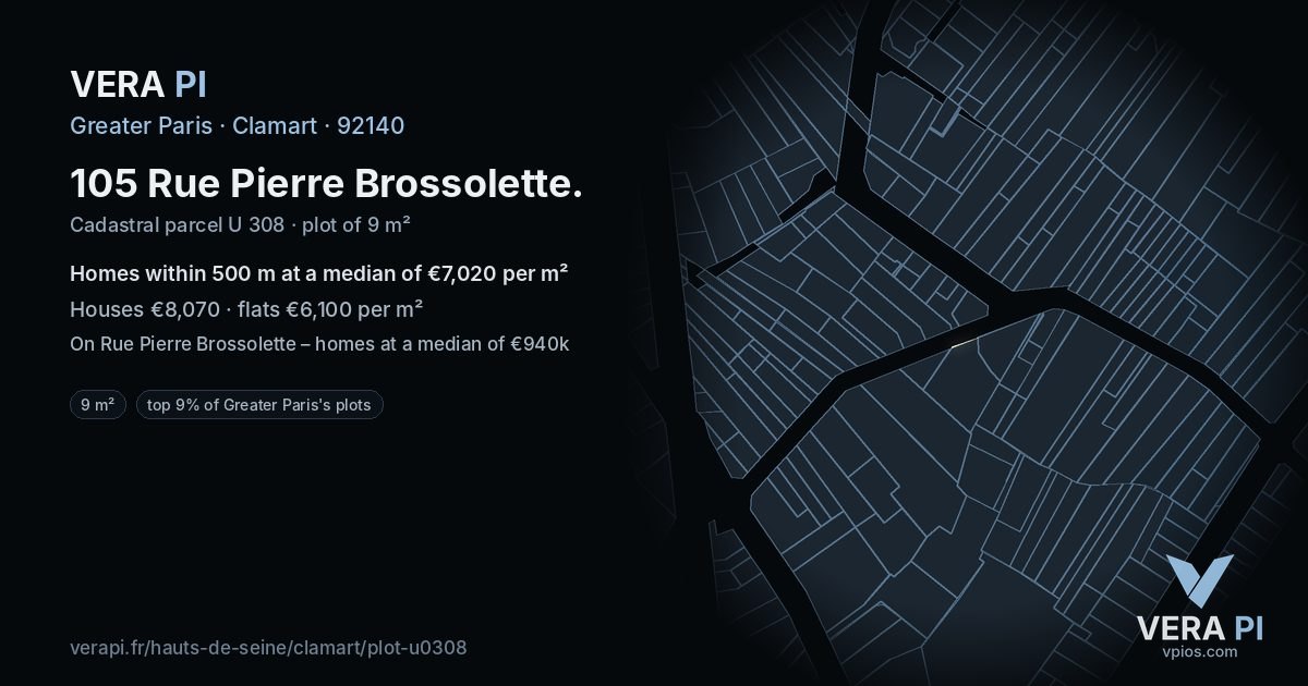 105 Rue Pierre Brossolette, Clamart at night – the plot lit, the parcels around coloured by the prices near them