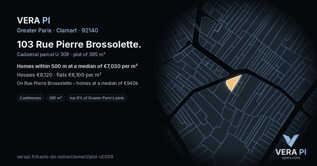 103 Rue Pierre Brossolette, Clamart at night – the plot lit, the parcels around coloured by the prices near them