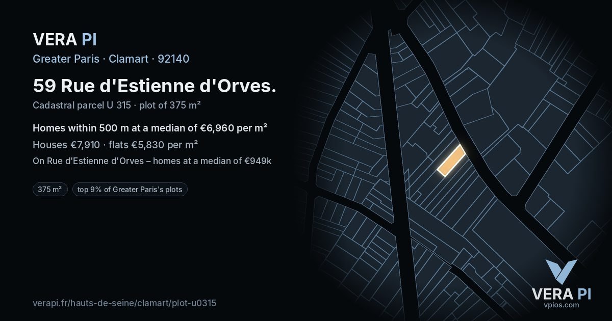 59 Rue d'Estienne d'Orves, Clamart at night – the plot lit, the parcels around coloured by the prices near them